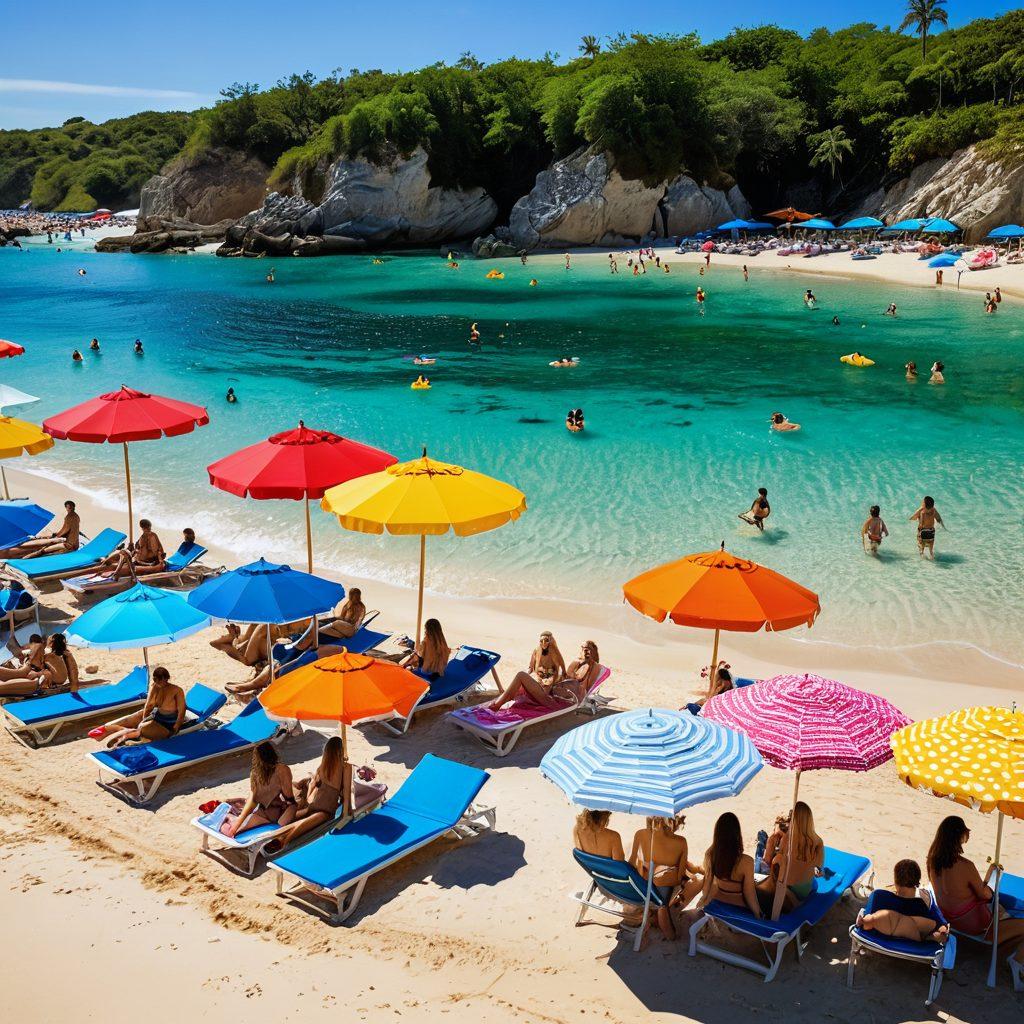 A vibrant beach scene showcasing an array of stylish beach attires, such as bikinis, cover-ups, and sunglasses. The background features a sunny sky and sparkling blue water, with a few beach umbrellas and lounge chairs. Include cheerful people sunbathing and splashing in the pool to evoke a fun summer vibe. Incorporate colorful beach accessories like hats and towels for added detail. super-realistic. bright colors. tropical theme.